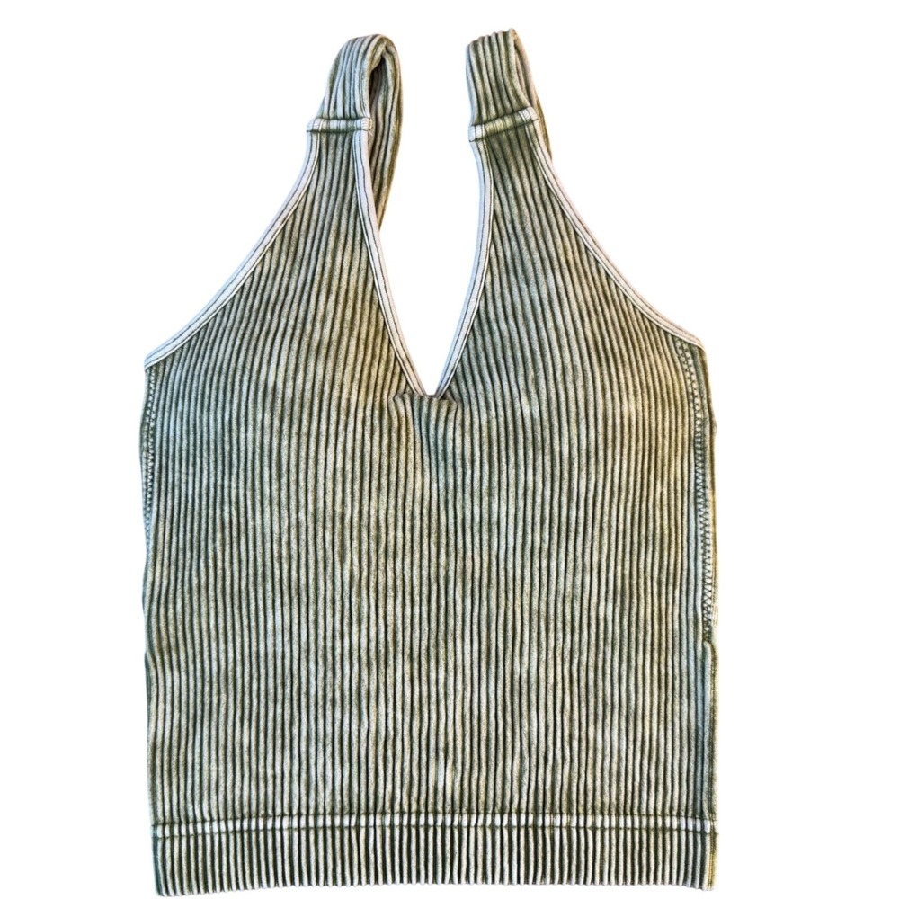 ZENANA Washed Green Ribbed V Neck‎ Cropped Tank Size L/XL NTW-6279A